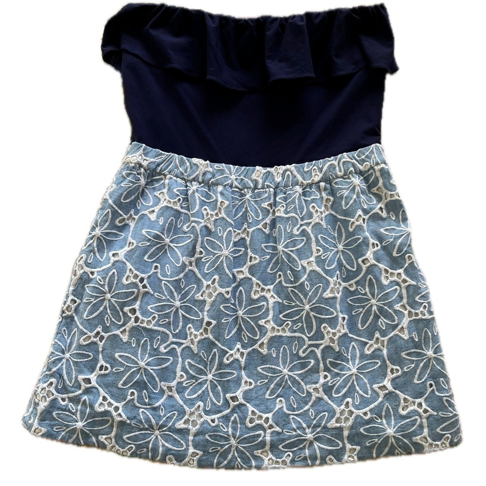 Lilly Pulitzer Womens Navy Blue Ruffle Eyelet Floral Strapless Dress Sz L Beach